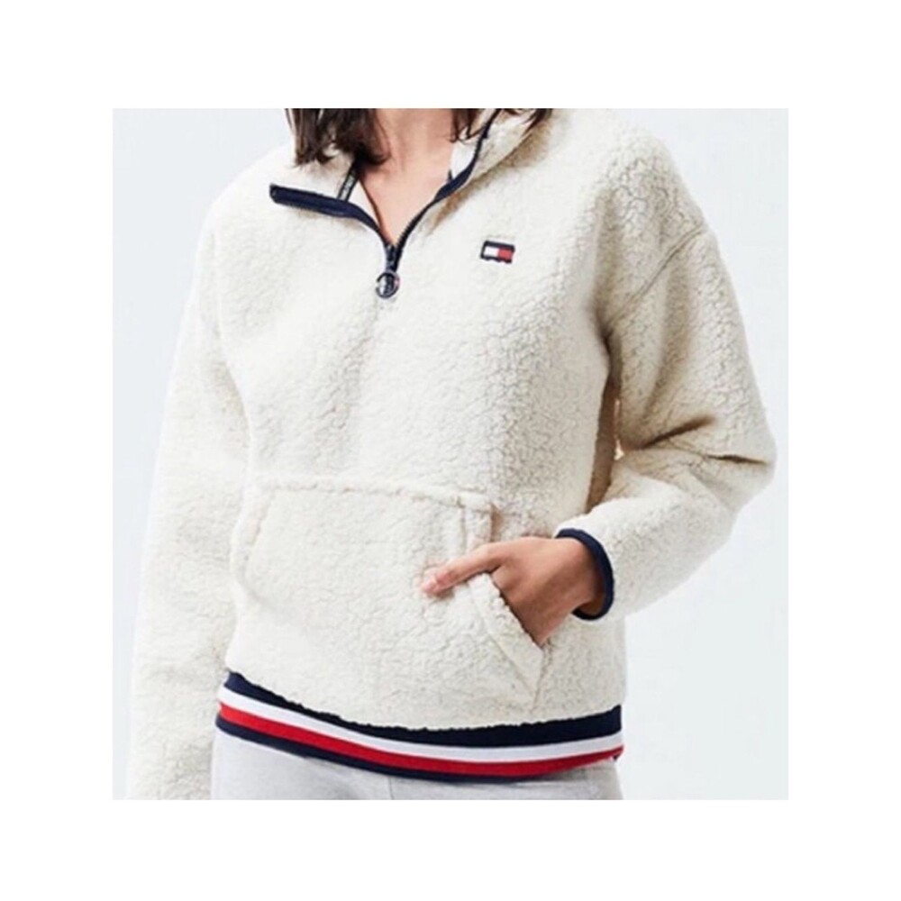 Tommy Hilfiger Sport Cream Sherpa Half-Zip Pullover Navy & Red Trim Size Medium